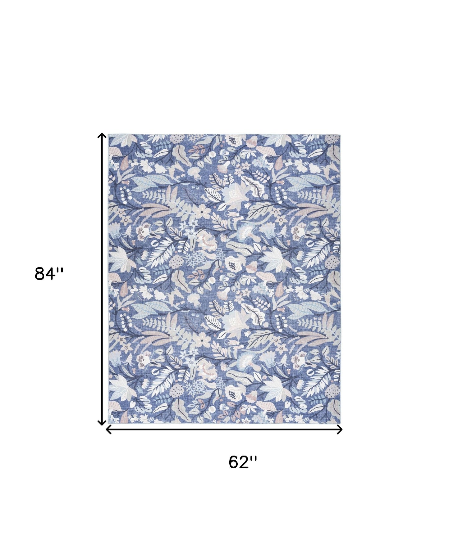 5' x 7' Blue and Off White Floral Power Loom Washable Non Skid Area Rug