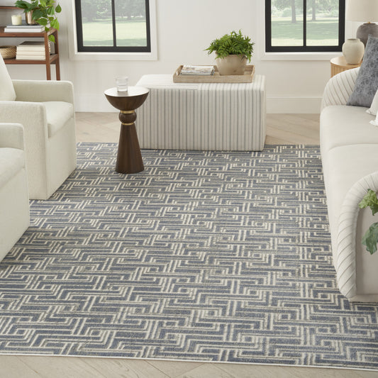 8' x 10' Blue Geometric Distressed Area Rug