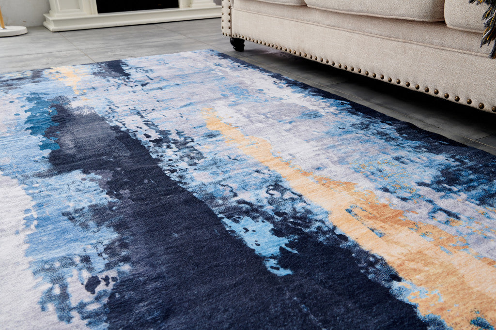 6' x 9' Blue and Yellow Abstract Printed Washable Non Skid Area Rug