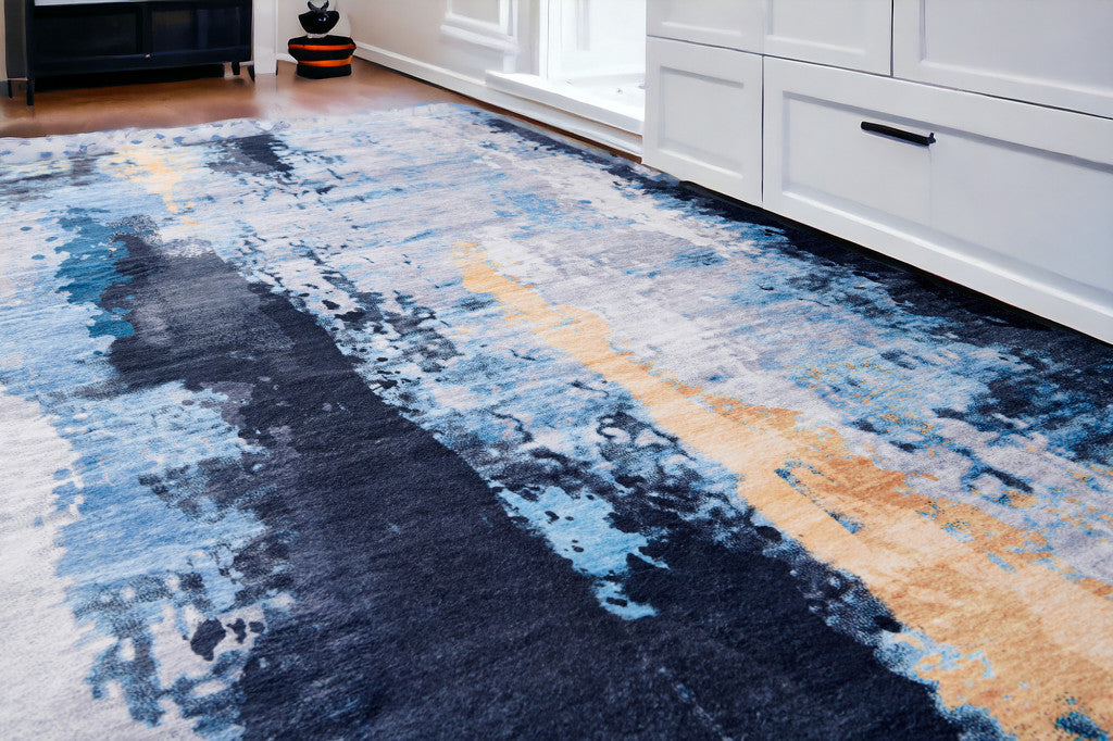 6' x 9' Blue and Yellow Abstract Printed Washable Non Skid Area Rug