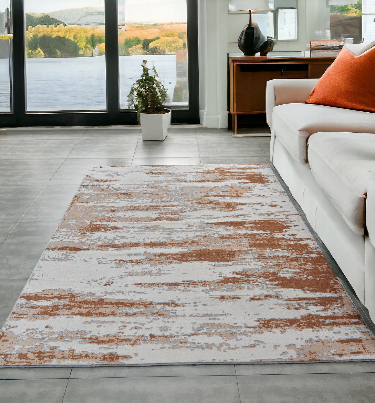 5' x 7' Gray and Brown Abstract Printed Washable Non Skid Area Rug