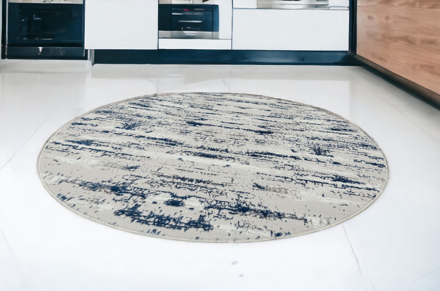 7' Navy Blue Round Abstract Washable Non Skid Area Rug