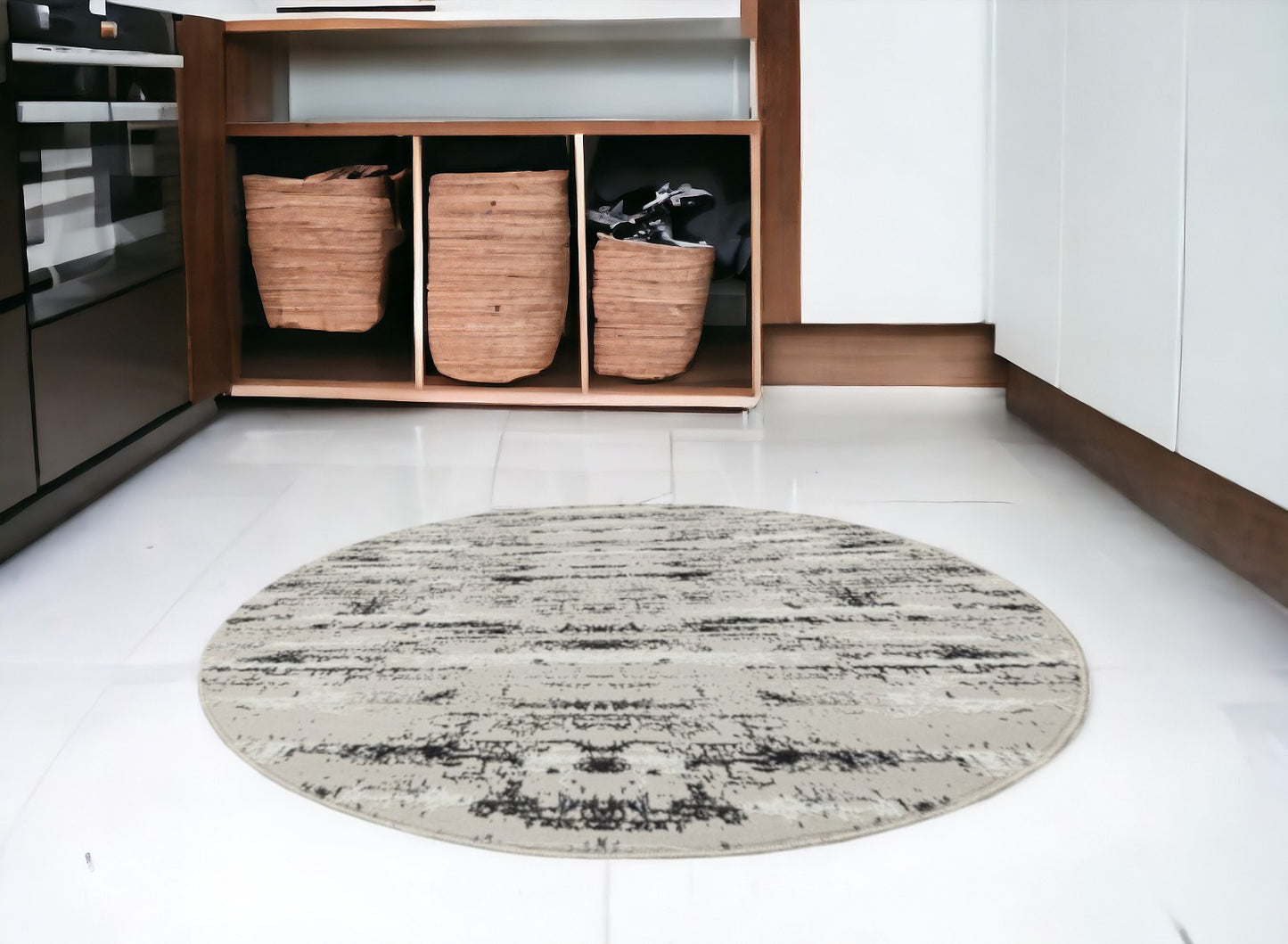 4' Silver Round Abstract Washable Non Skid Area Rug