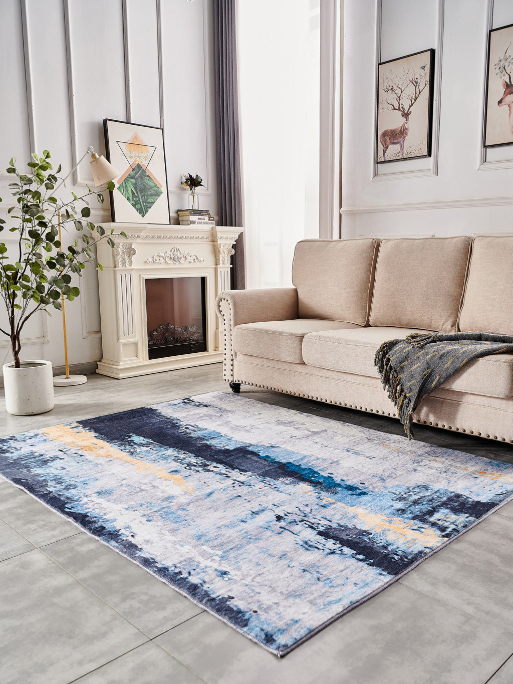 4' x 6' Blue and Yellow Abstract Printed Washable Non Skid Area Rug