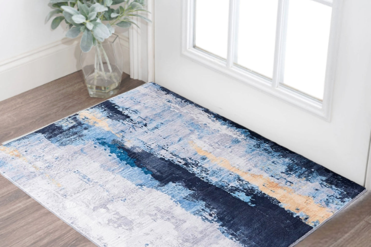 2' x 3' Blue and Yellow Abstract Printed Washable Non Skid Area Rug