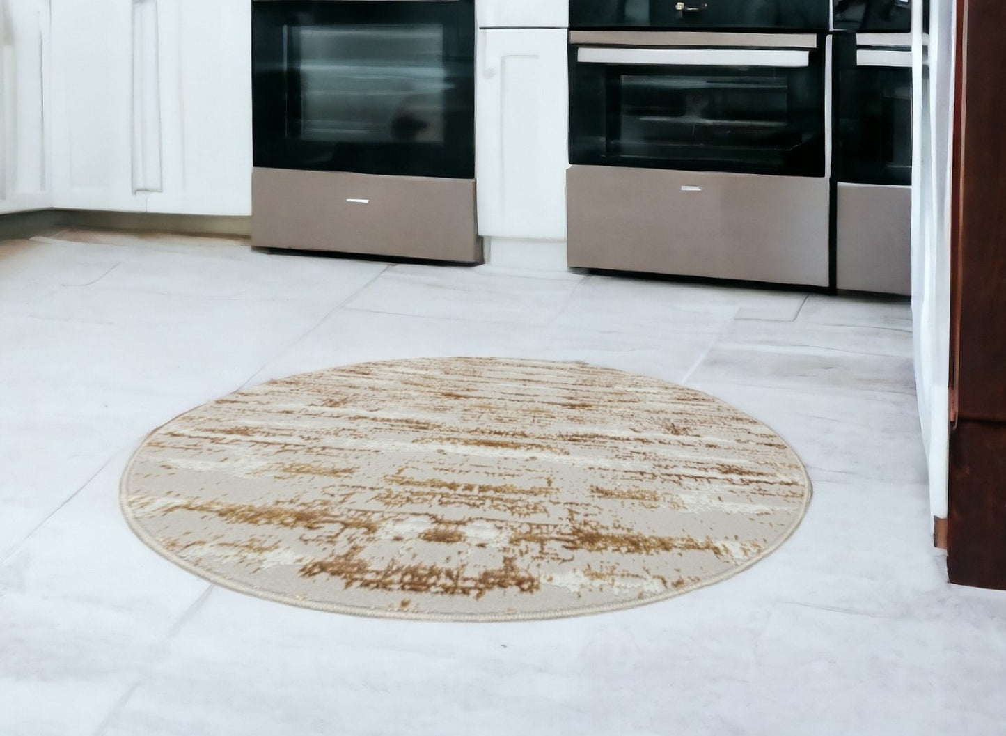 4' Beige Round Abstract Washable Non Skid Area Rug