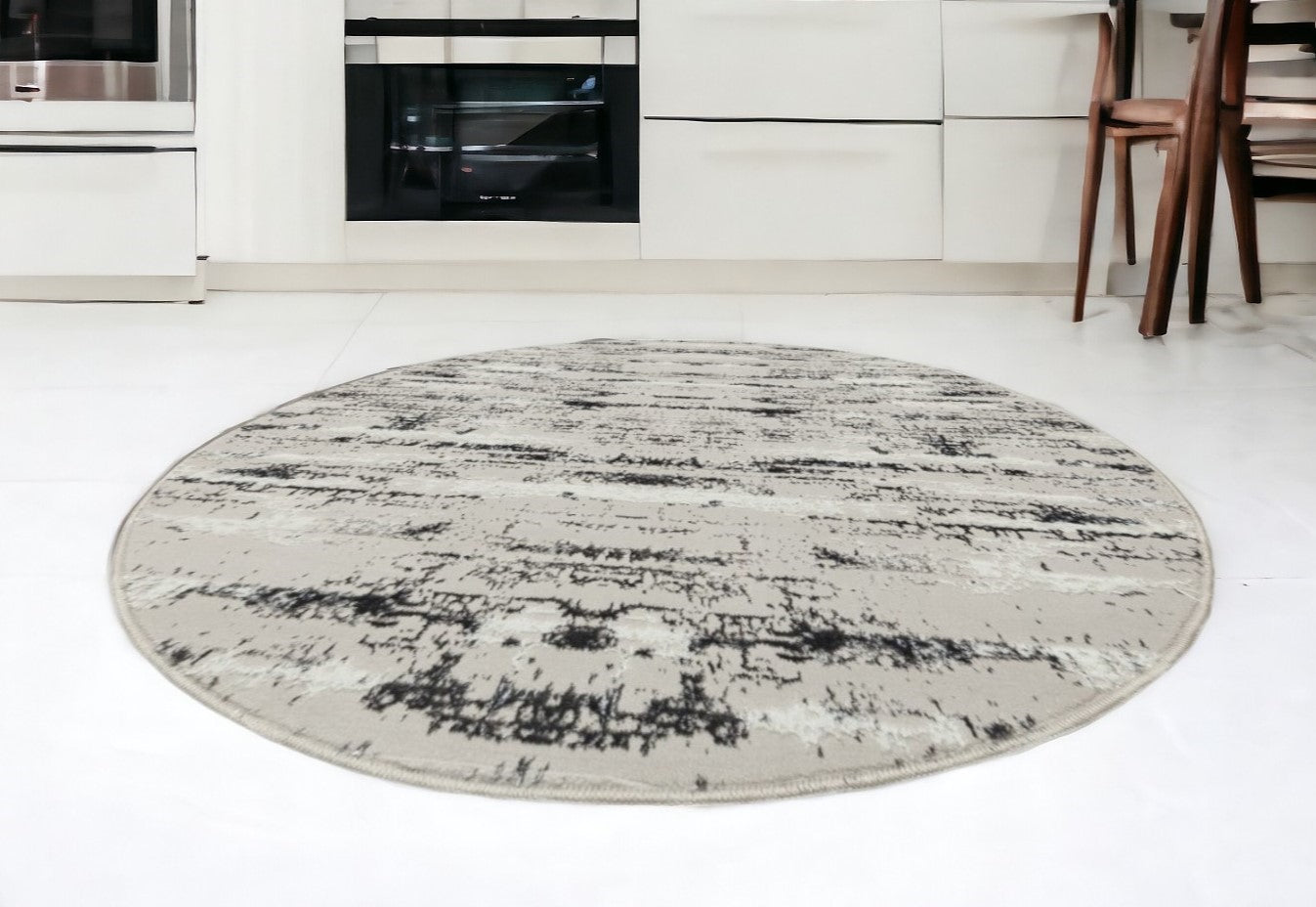 7' Silver Round Abstract Washable Non Skid Area Rug