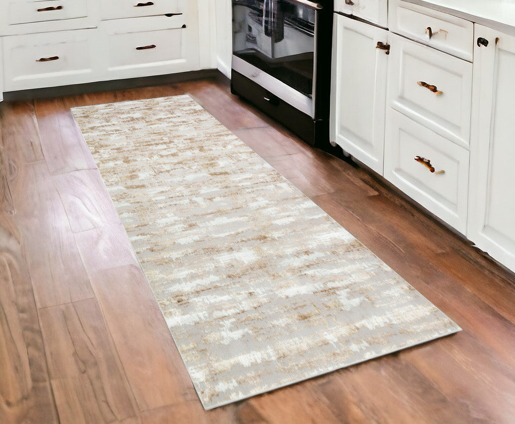 3' X 10' Beige Abstract Washable Non Skid Area Rug