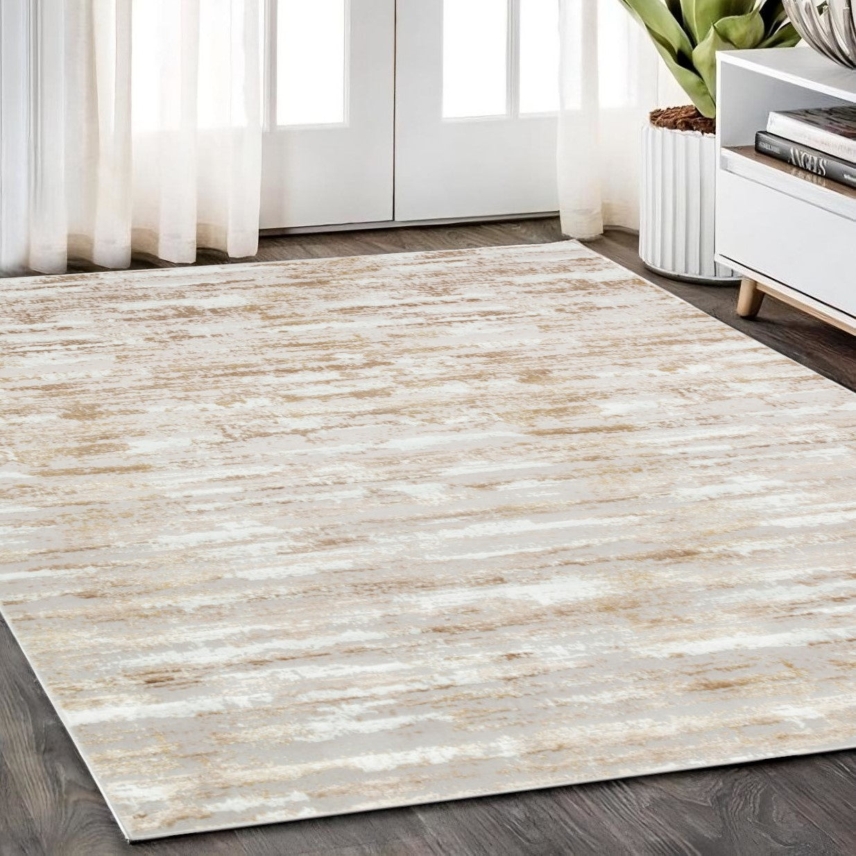 4' x 6' Beige Abstract Washable Non Skid Area Rug