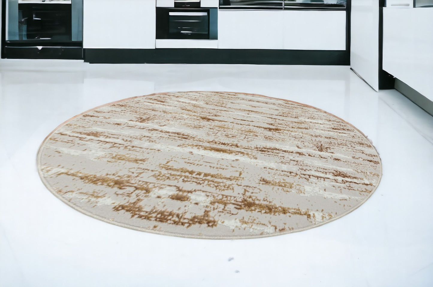 7' Beige Round Abstract Washable Non Skid Area Rug