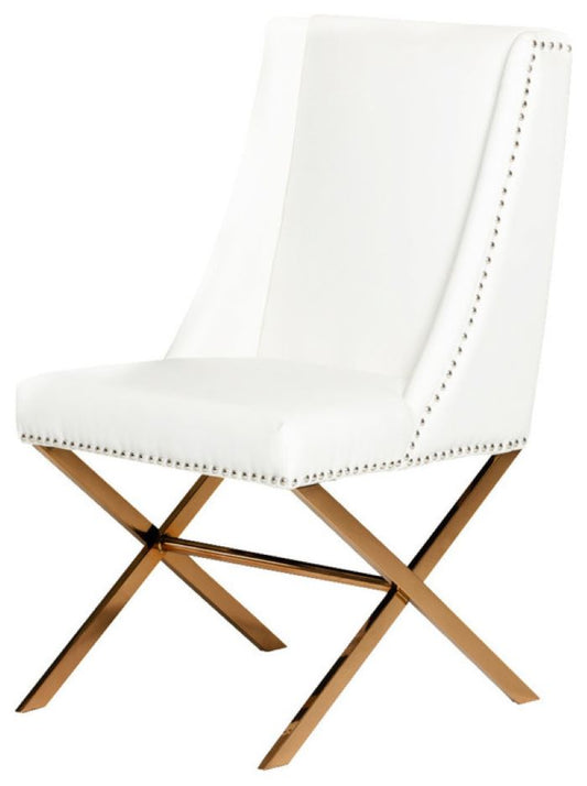 37" White Leatherette And Rosegold Steel Dining Chair