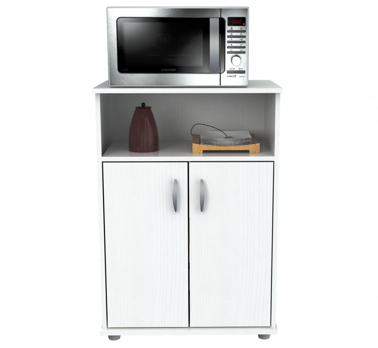 White Finish Wood Microwave Cart With Cabinet