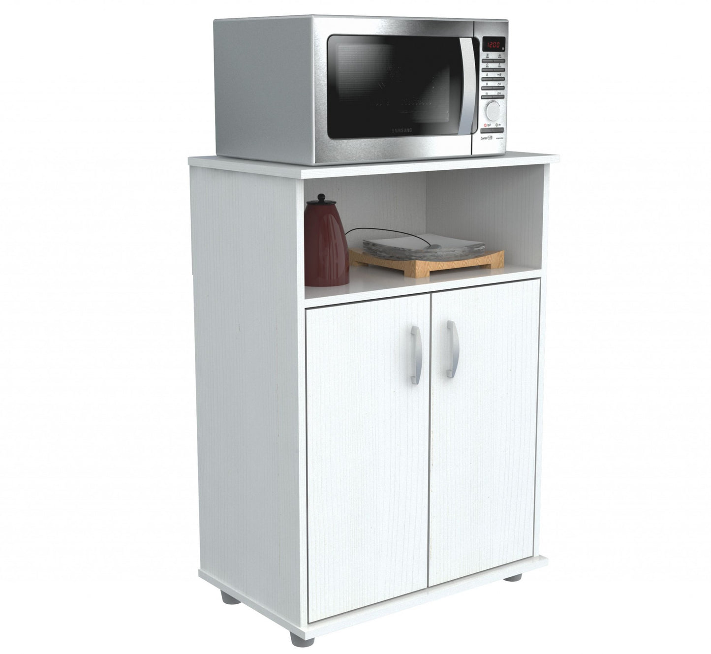 White Finish Wood Microwave Cart With Cabinet