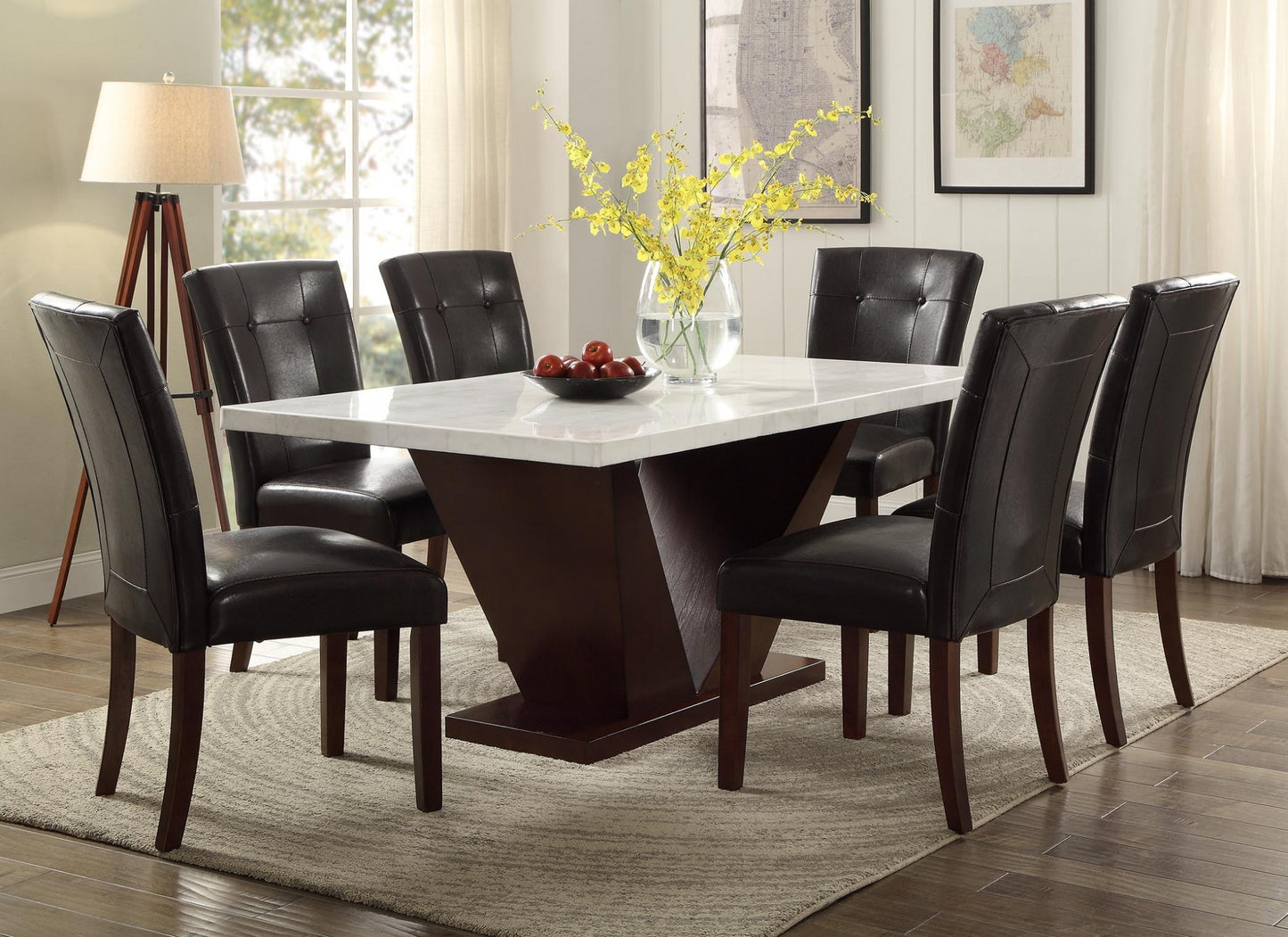 65" Contemporary White Marble And Walnut Dining Table