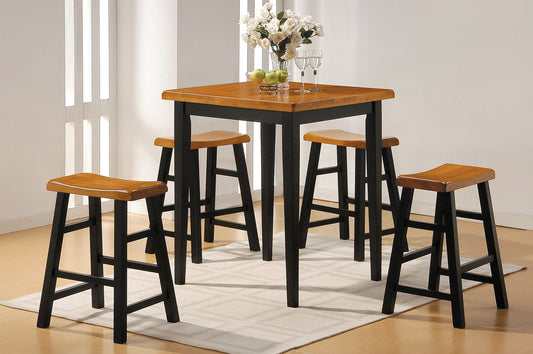 Five Piece Oak and Black Square Solid Wood Dining Set with Four Chairs