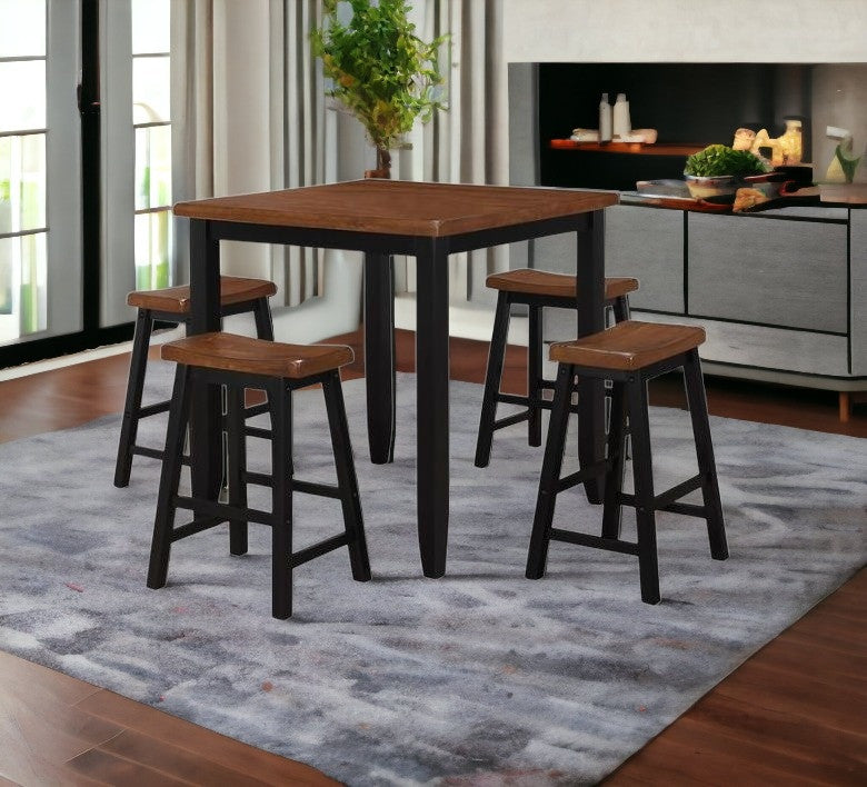 Five Piece Oak and Black Square Solid Wood Dining Set with Four Chairs