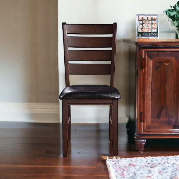 Set of Two Espresso And Brown Upholstered Faux Leather Ladder Back Dining Side Chairs