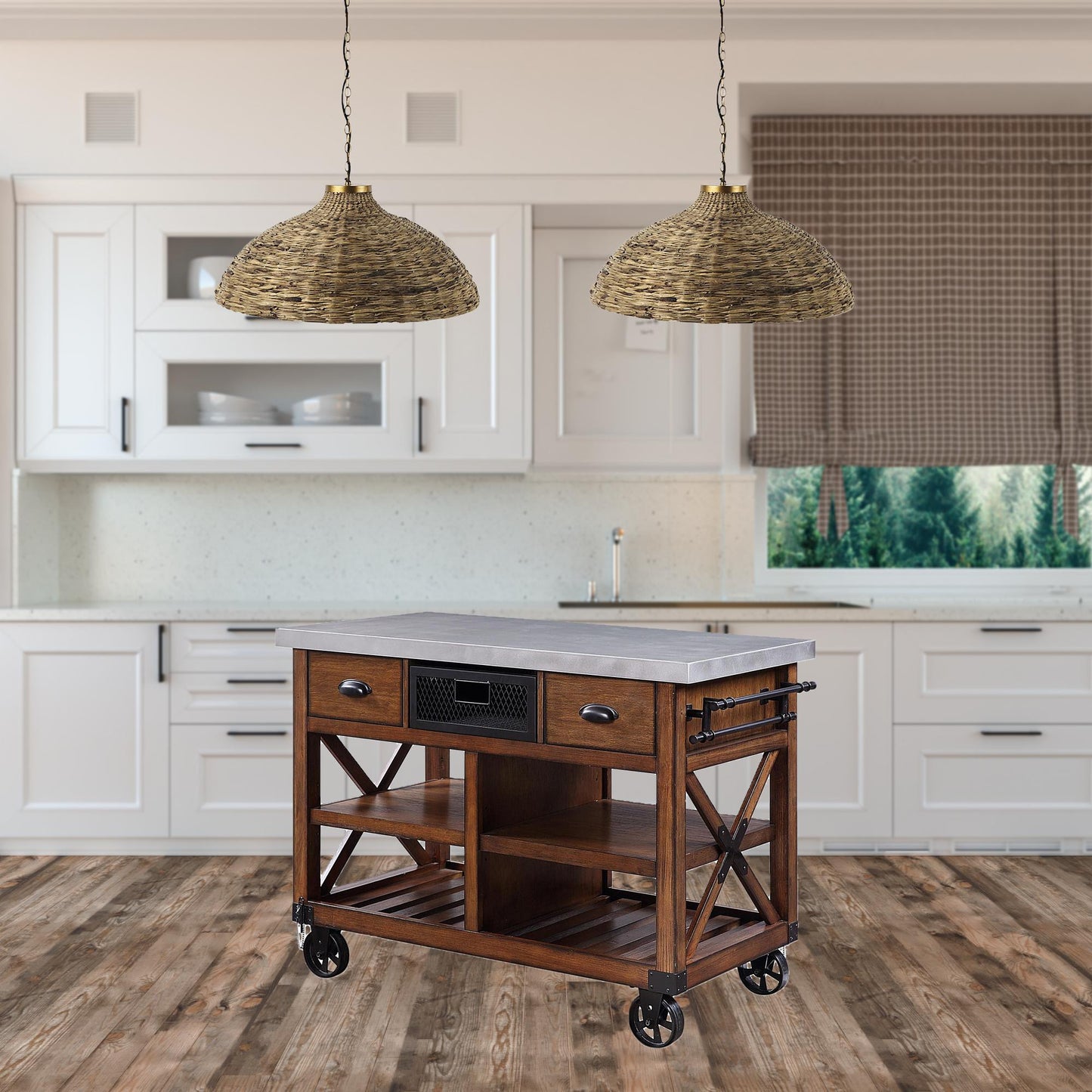 Brown And Silver 48" Rolling Kitchen Cart With Storage