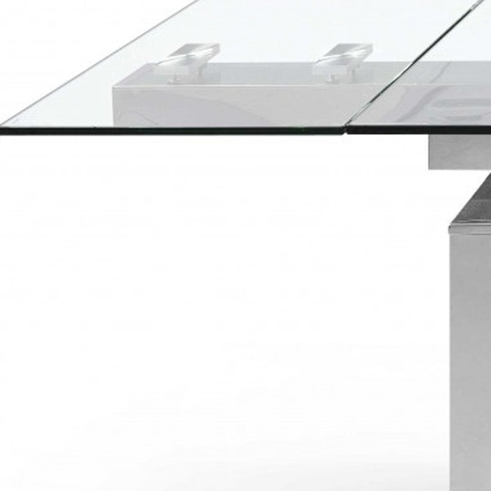 63" Clear and Silver Glass and Stainless Steel Self-Storing Leaf Dining Table