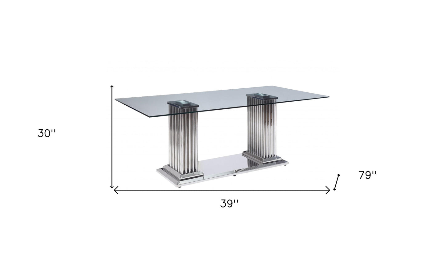 39" Clear and Silver Glass and Stainless Steel Dining Table