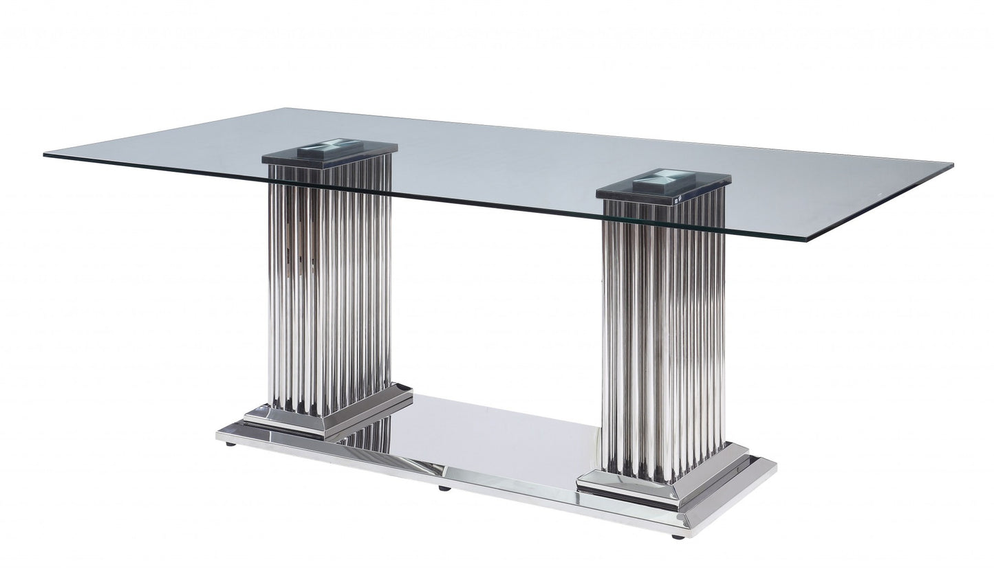 39" Clear and Silver Glass and Stainless Steel Dining Table