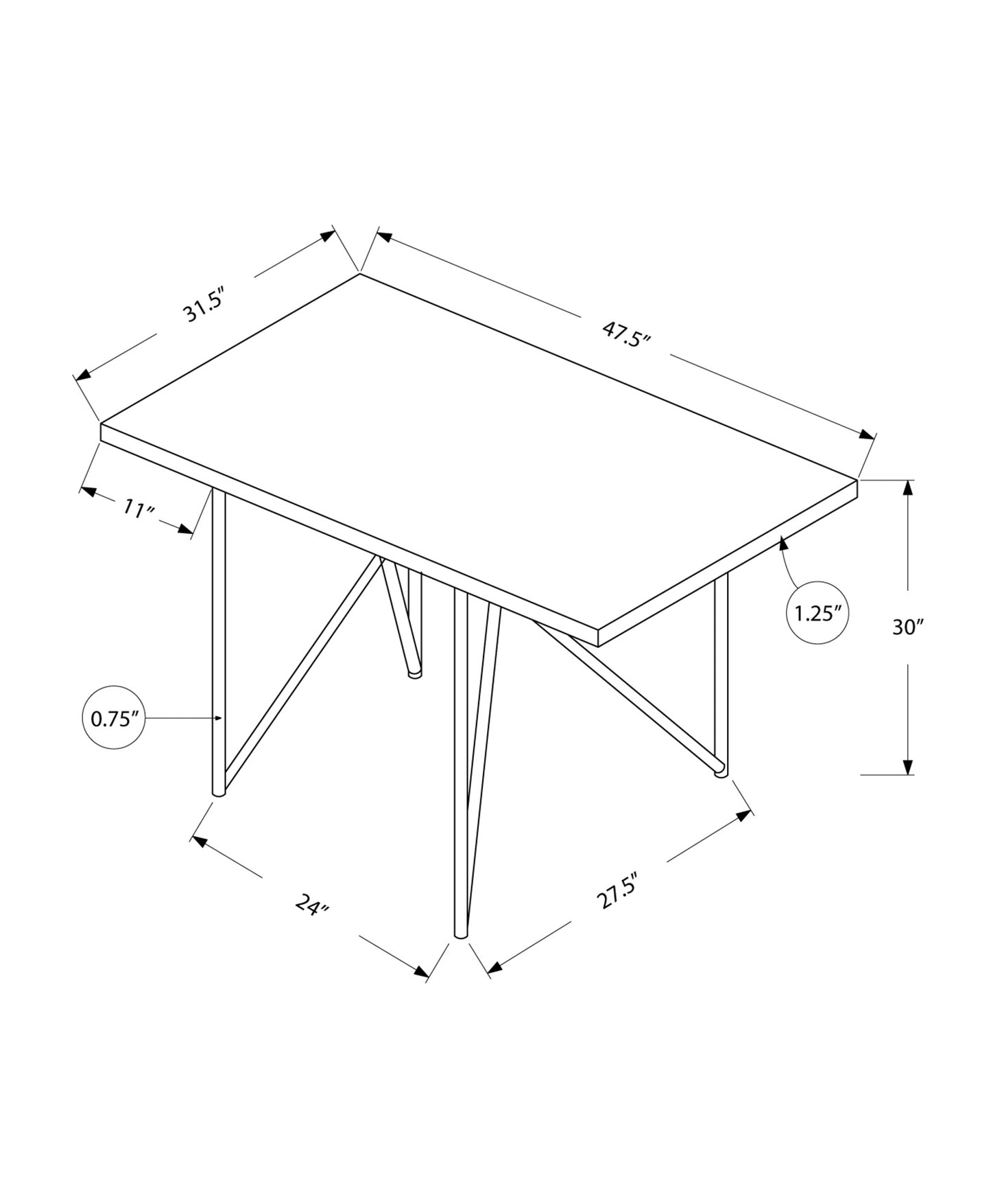 32" Dark Brown and Silver Metal Dining Table