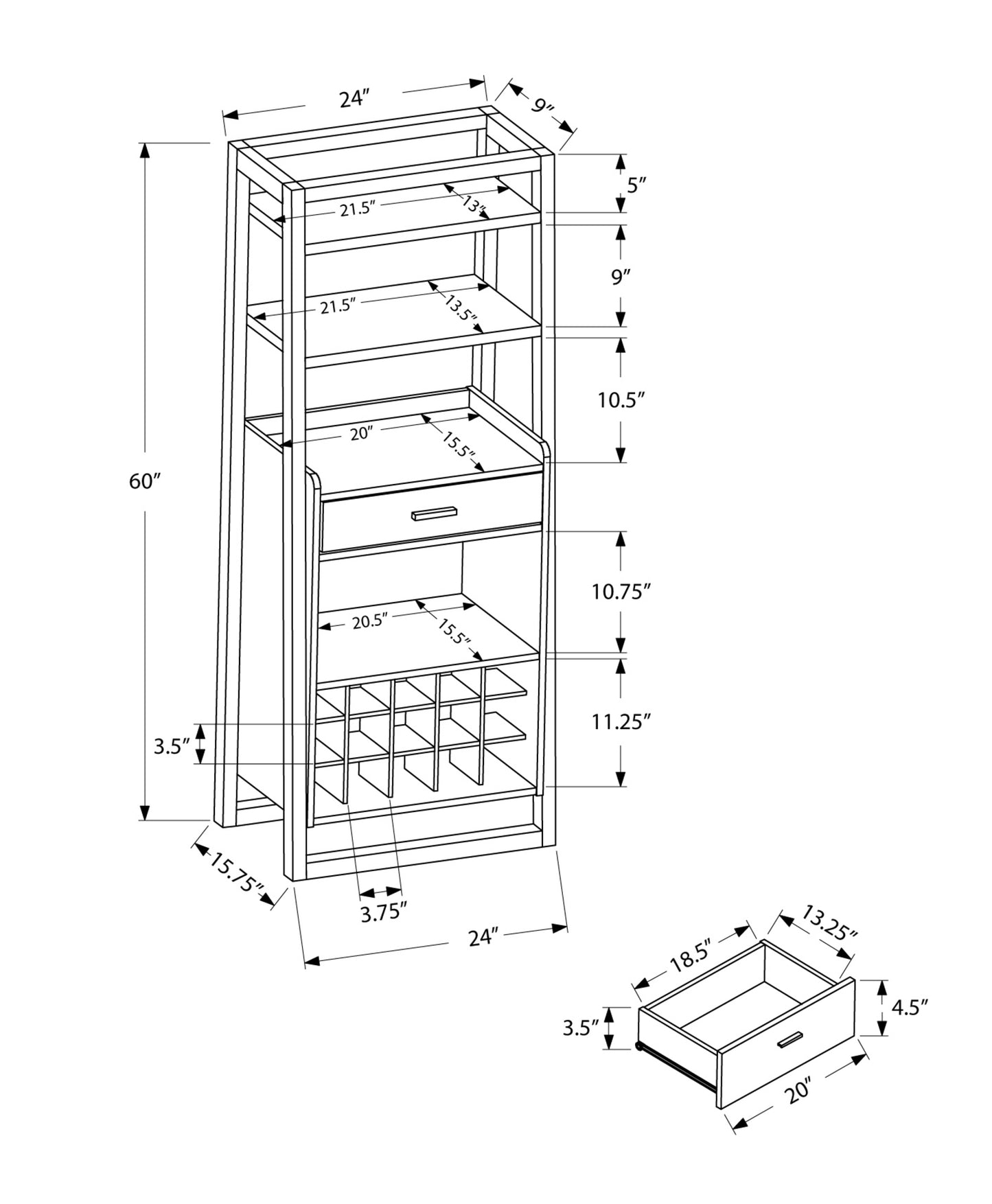 16" Espresso Standard Bar Cabinet With Four Shelves And One Drawer