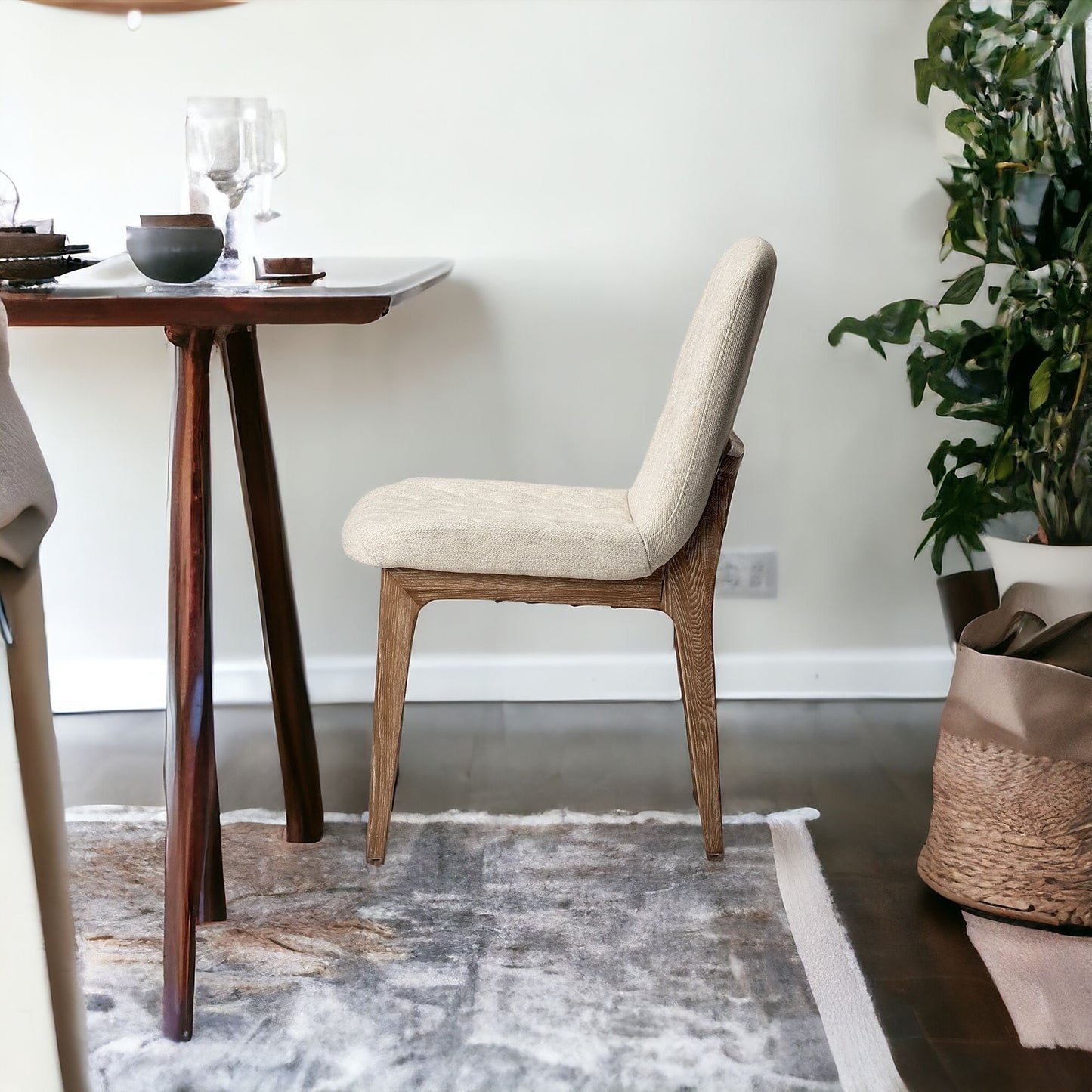 Diamond Tuffed Cream Fabric Wrap With Brown Wood Base Dining Chair