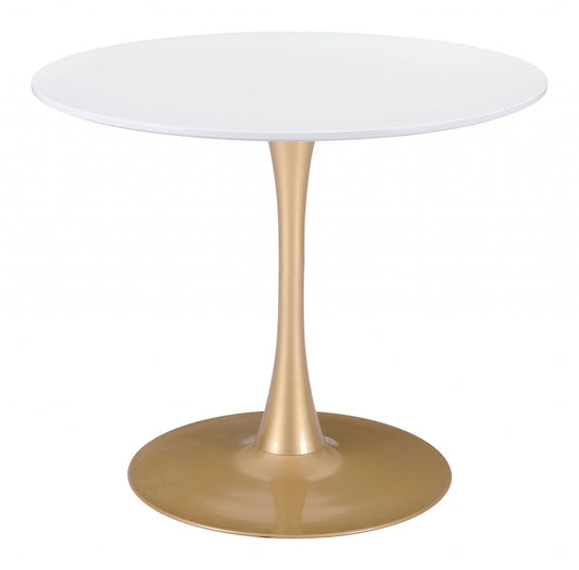 35" White And Gold Round Pedestal Dining Table