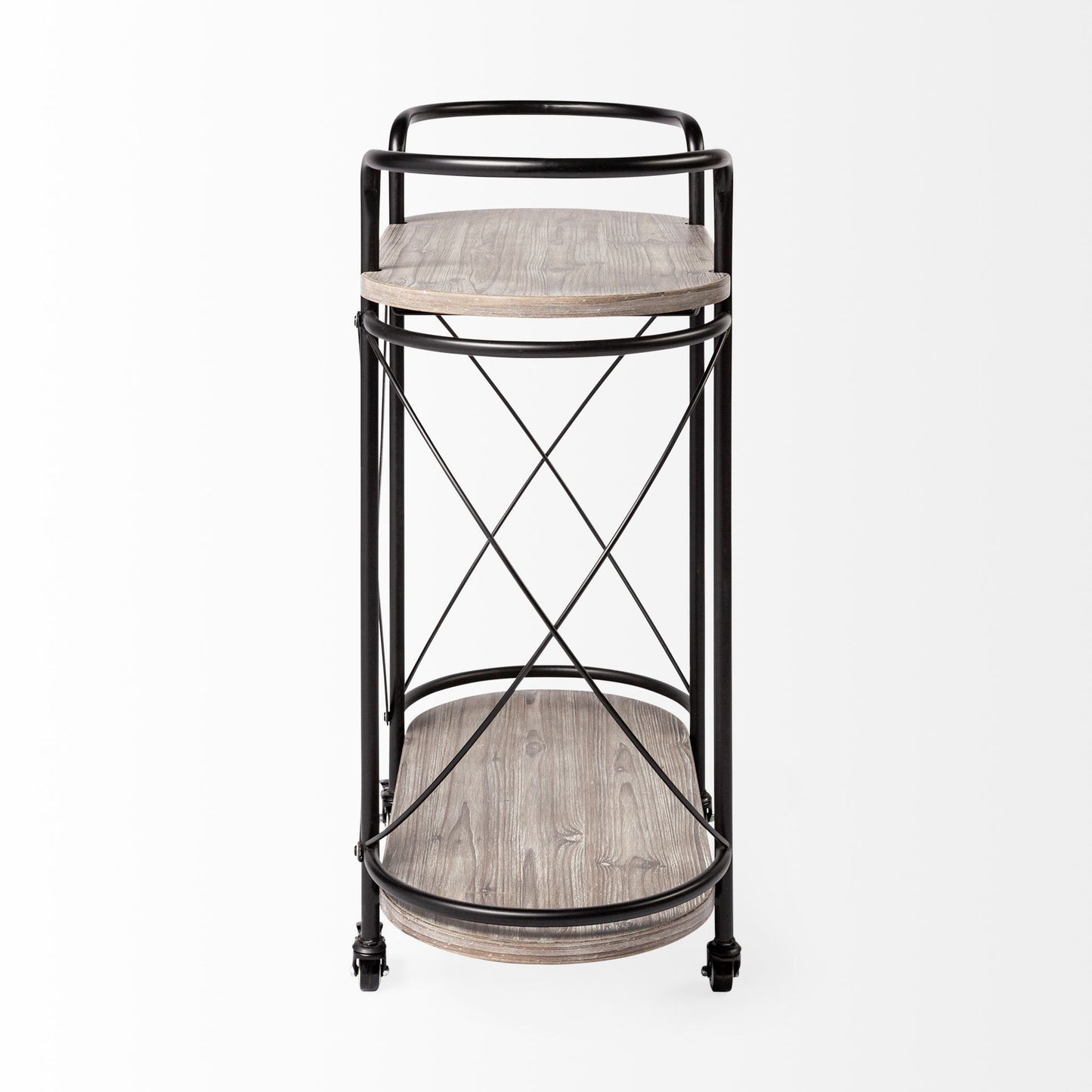 Cyclider Black Metal With Two Wooden Shelves Bar Cart