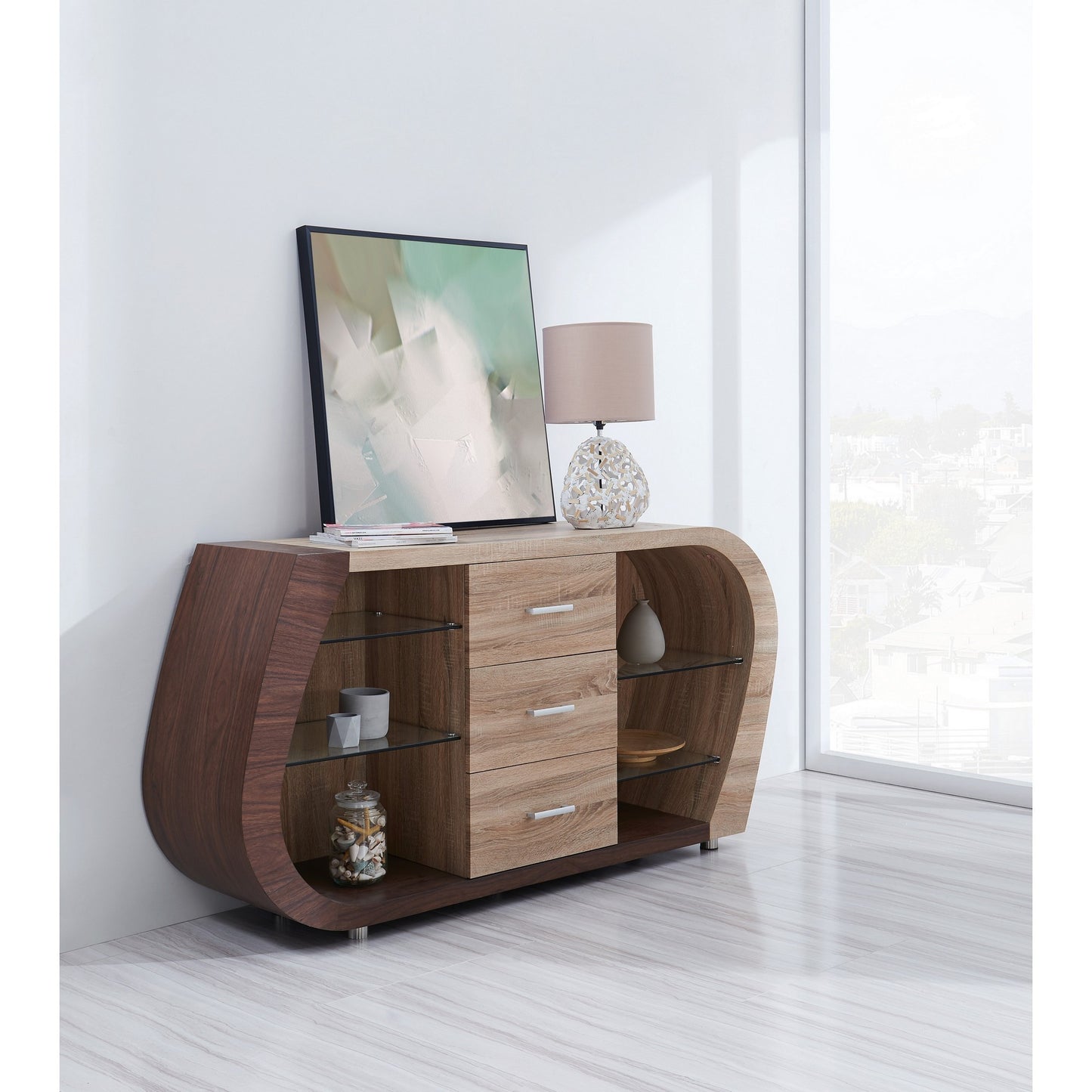 Oak And Walnut Multi Tone Buffet With 3 Drawers