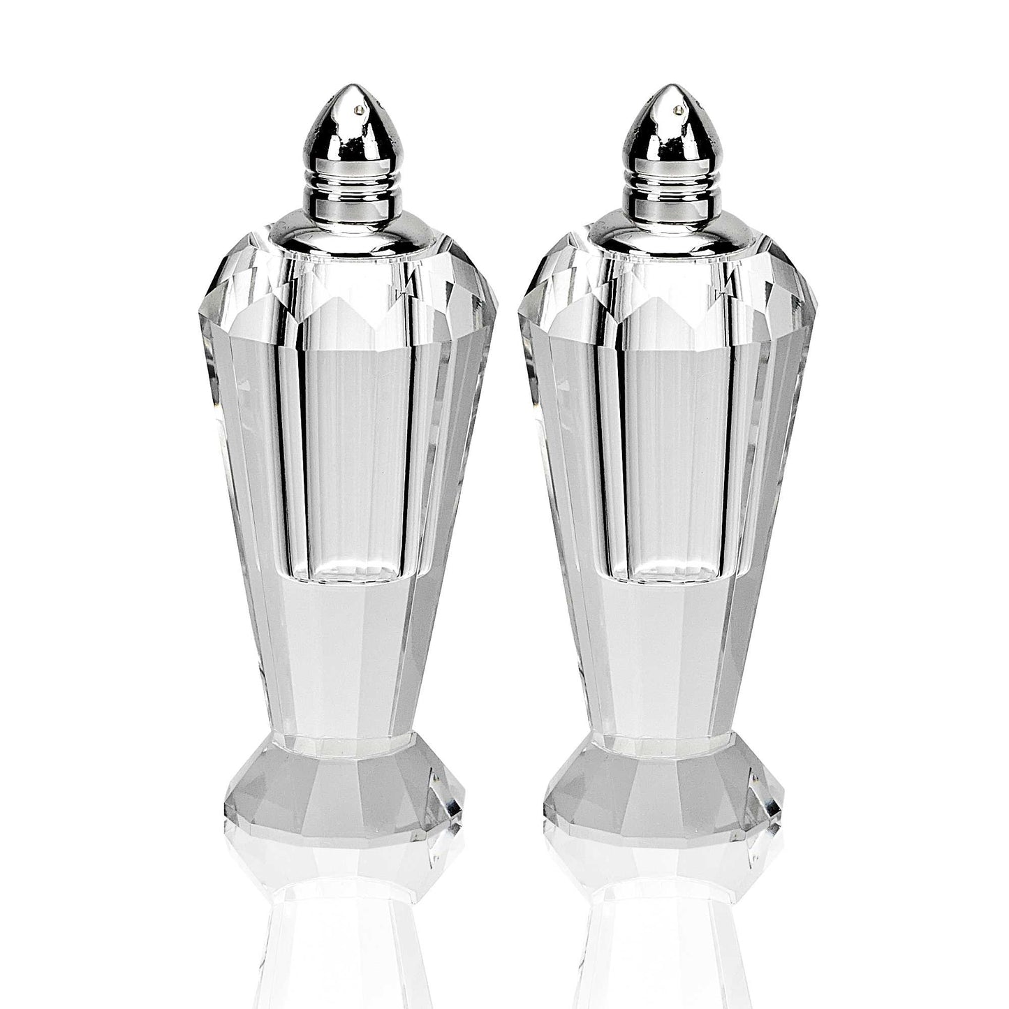 Handcrafted Optical Crystal And Silver Pair Of Salt And Pepper Shakers