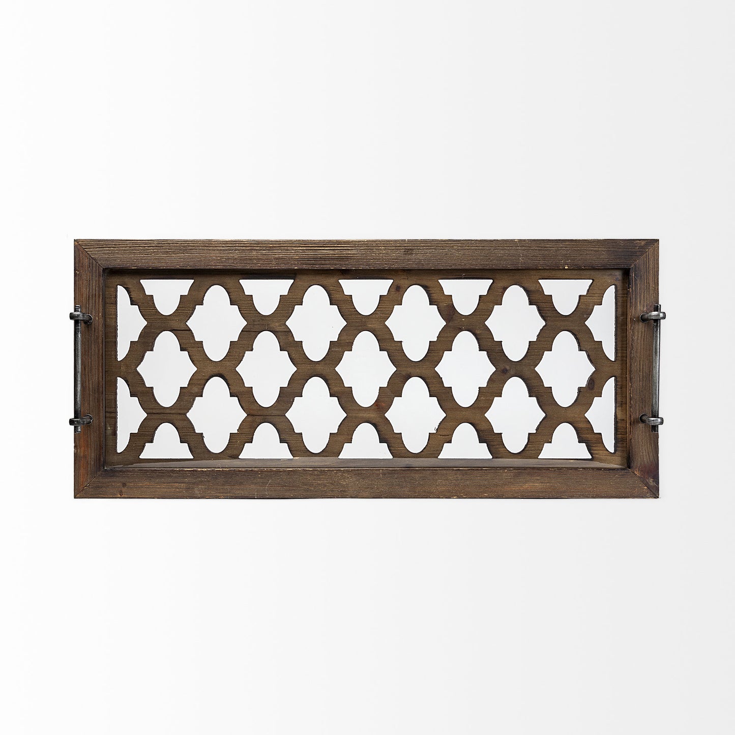 Medium Brown Wood With Metal Quatrefoil Pattern Glass Bottom Tray