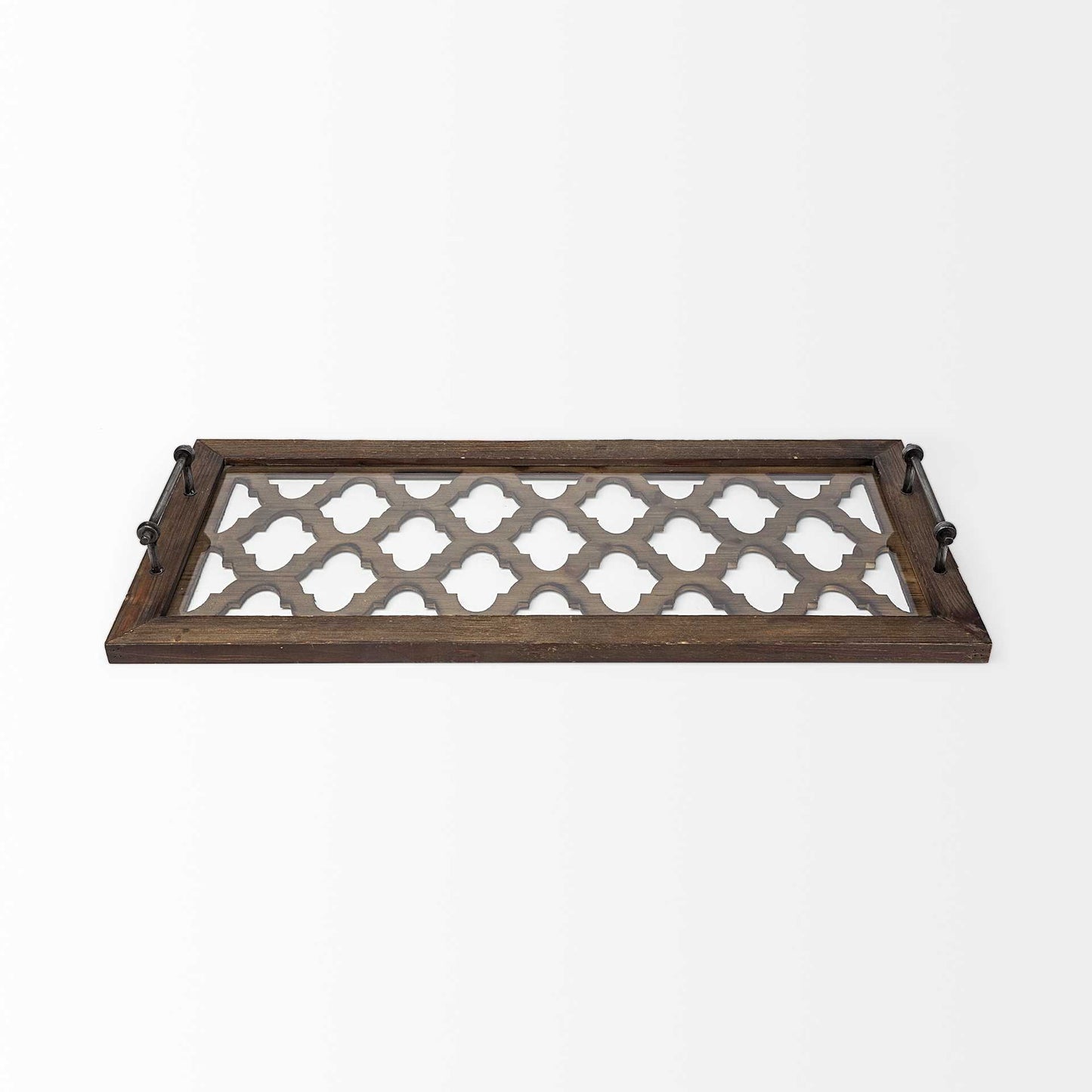 Medium Brown Wood With Metal Quatrefoil Pattern Glass Bottom Tray