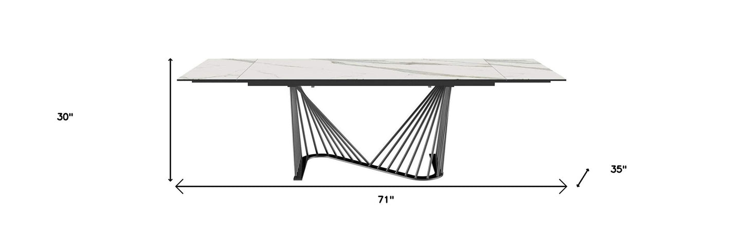 71" White and Black Stone and Iron Self-Storing Leaf Dining Table