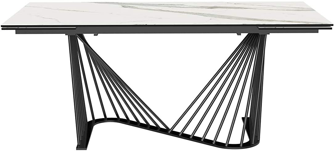 71" White and Black Stone and Iron Self-Storing Leaf Dining Table