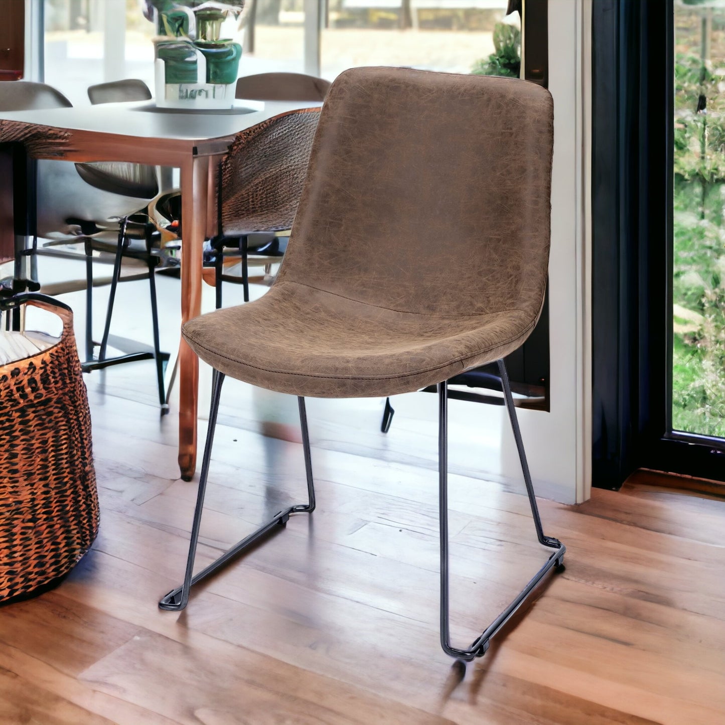 Brown Faux Leather Seat With Black Iron Frame Dining Chair