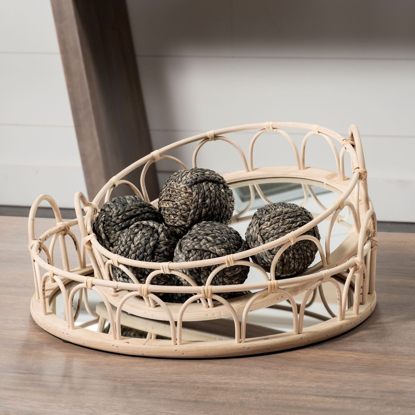 Set Of 2 20" Natural Blonde Wood With Intricately Railings And Mirrored Glass Bottom Round Tray