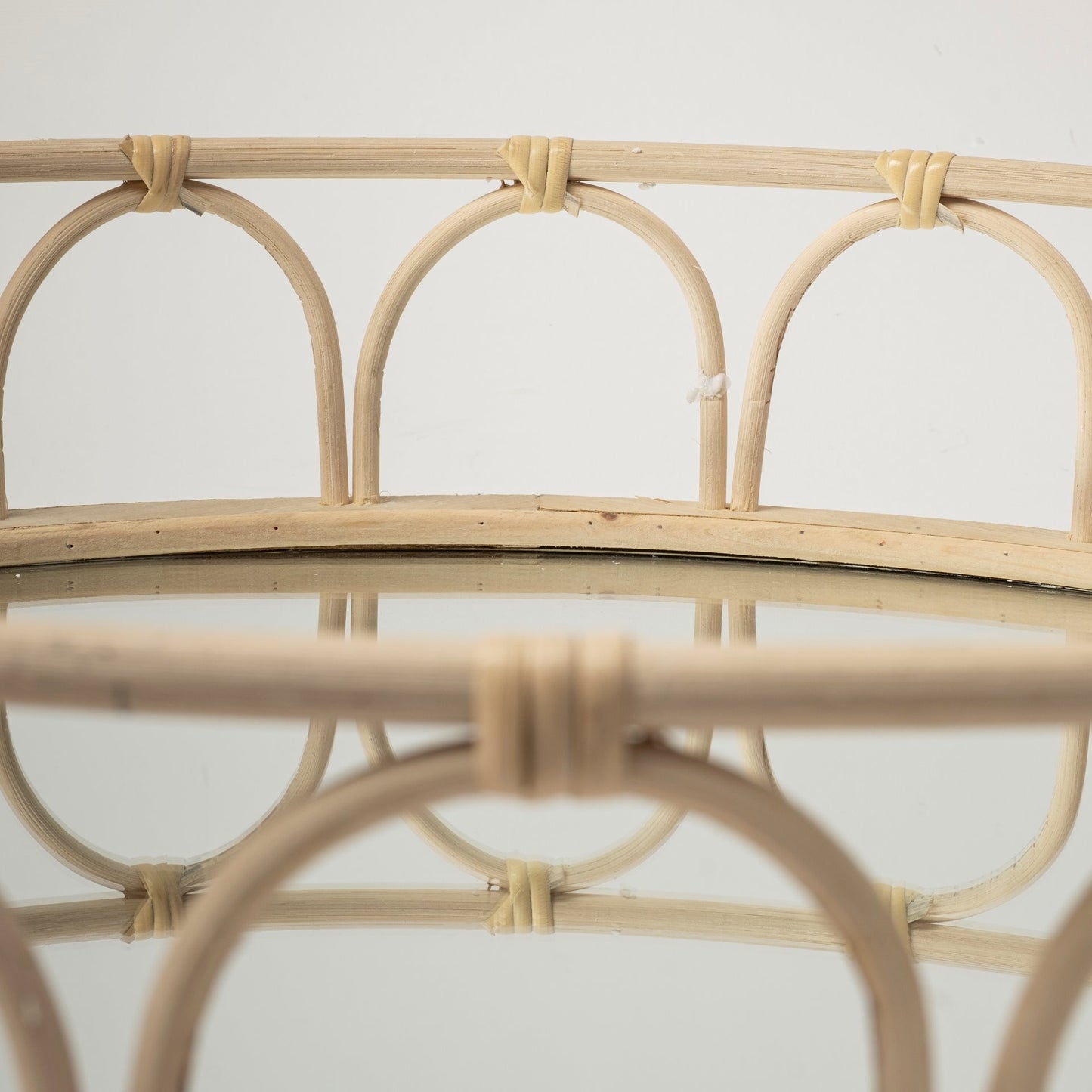 Set Of 2 20" Natural Blonde Wood With Intricately Railings And Mirrored Glass Bottom Round Tray