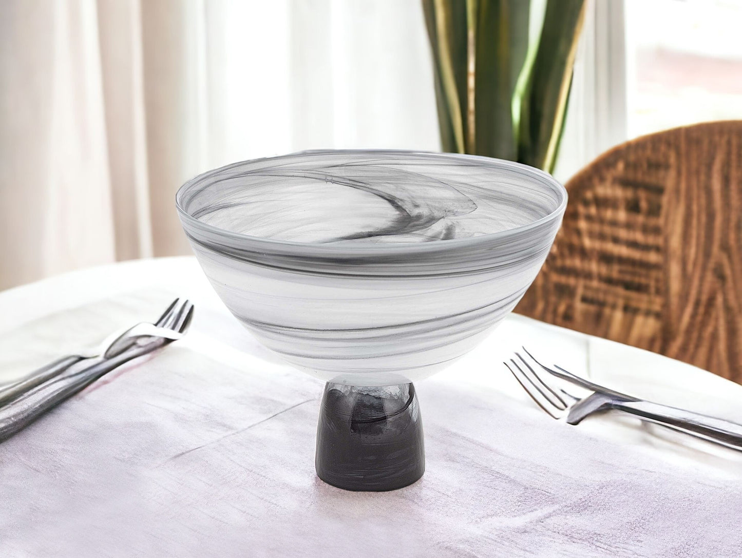 10" Black and Gray Swirl Mouth Blown Glass Footed Centerpiece Bowl