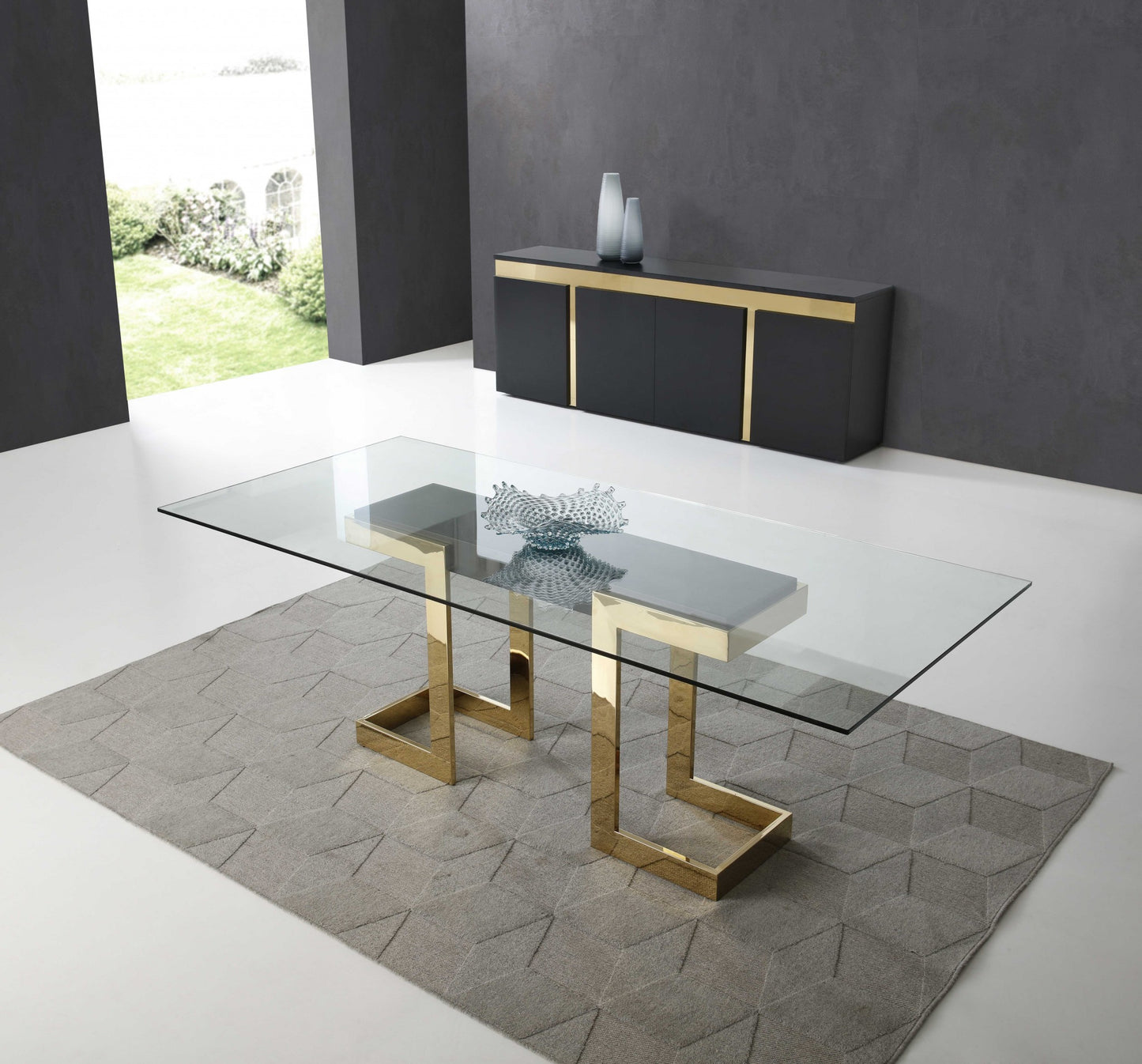 87 X 39 X 30 Polished Gold Glass Stainless Steel Dining Table