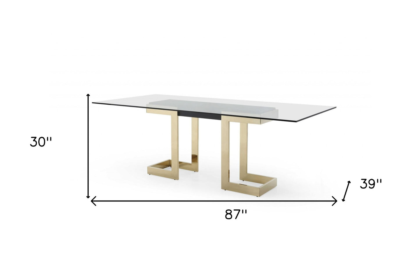 87 X 39 X 30 Polished Gold Glass Stainless Steel Dining Table