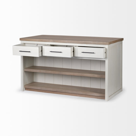 White And Brown Two Tone Wooden Kitchen Island With 3 Drawers