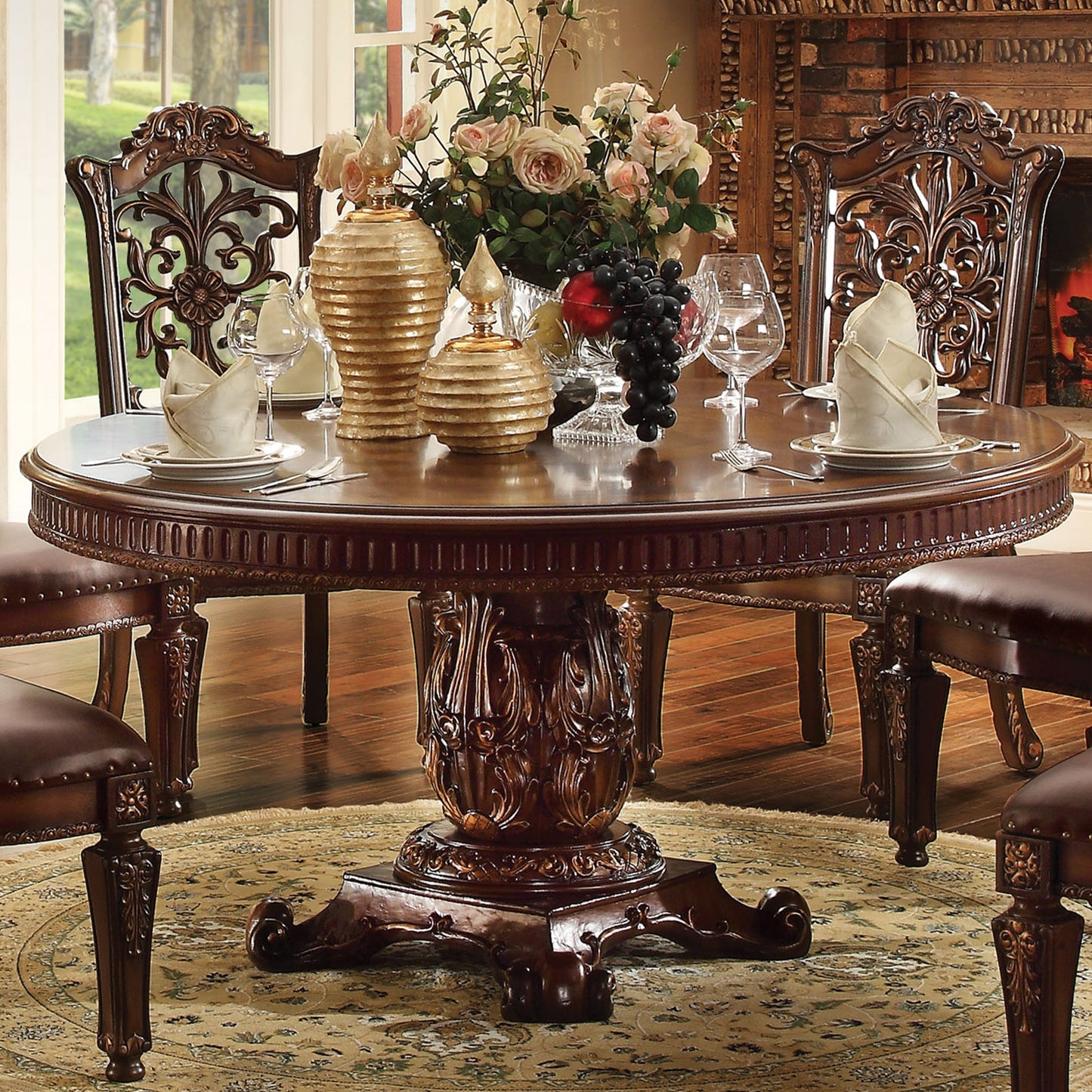 Round Wooden Top Dining Table With Single Carved Pedestal