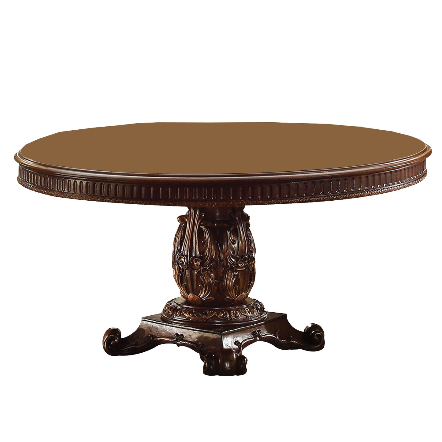 Round Wooden Top Dining Table With Single Carved Pedestal