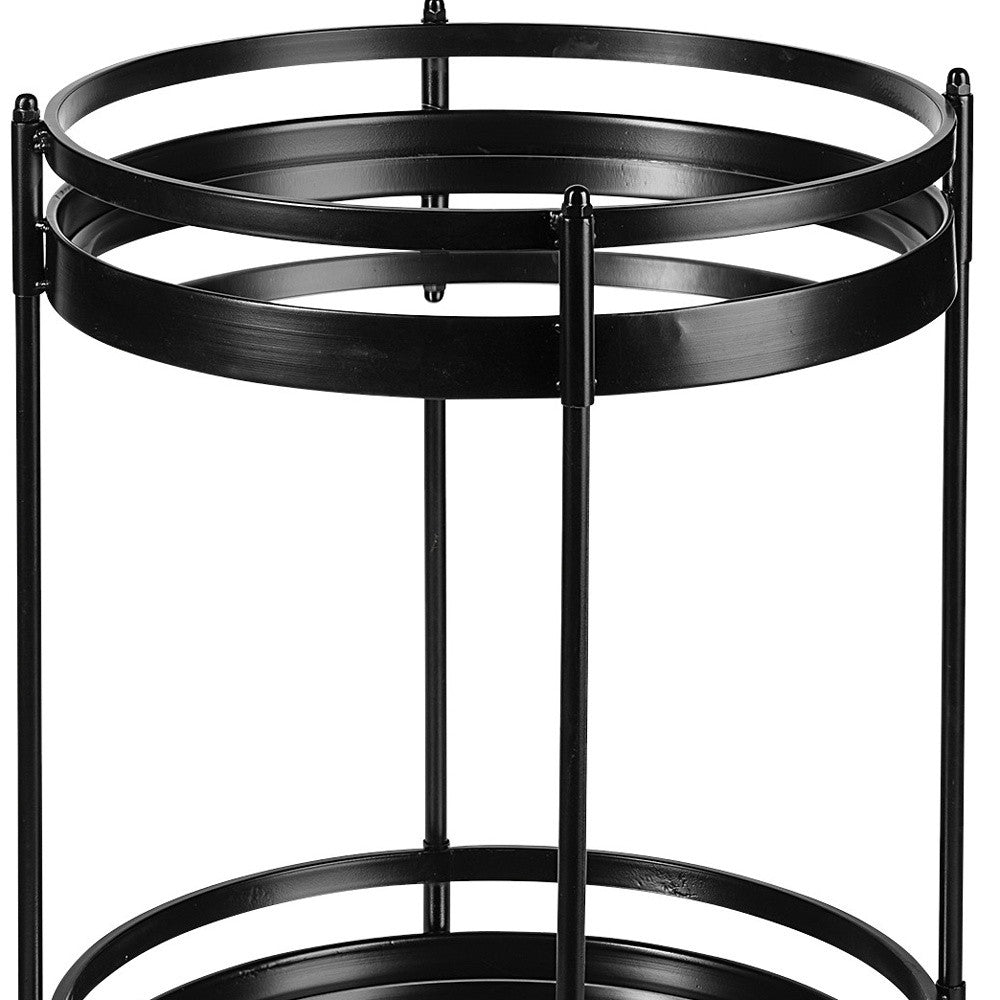 22" Black Metal With Two Mirror Glass Botton Shelves Bar Cart