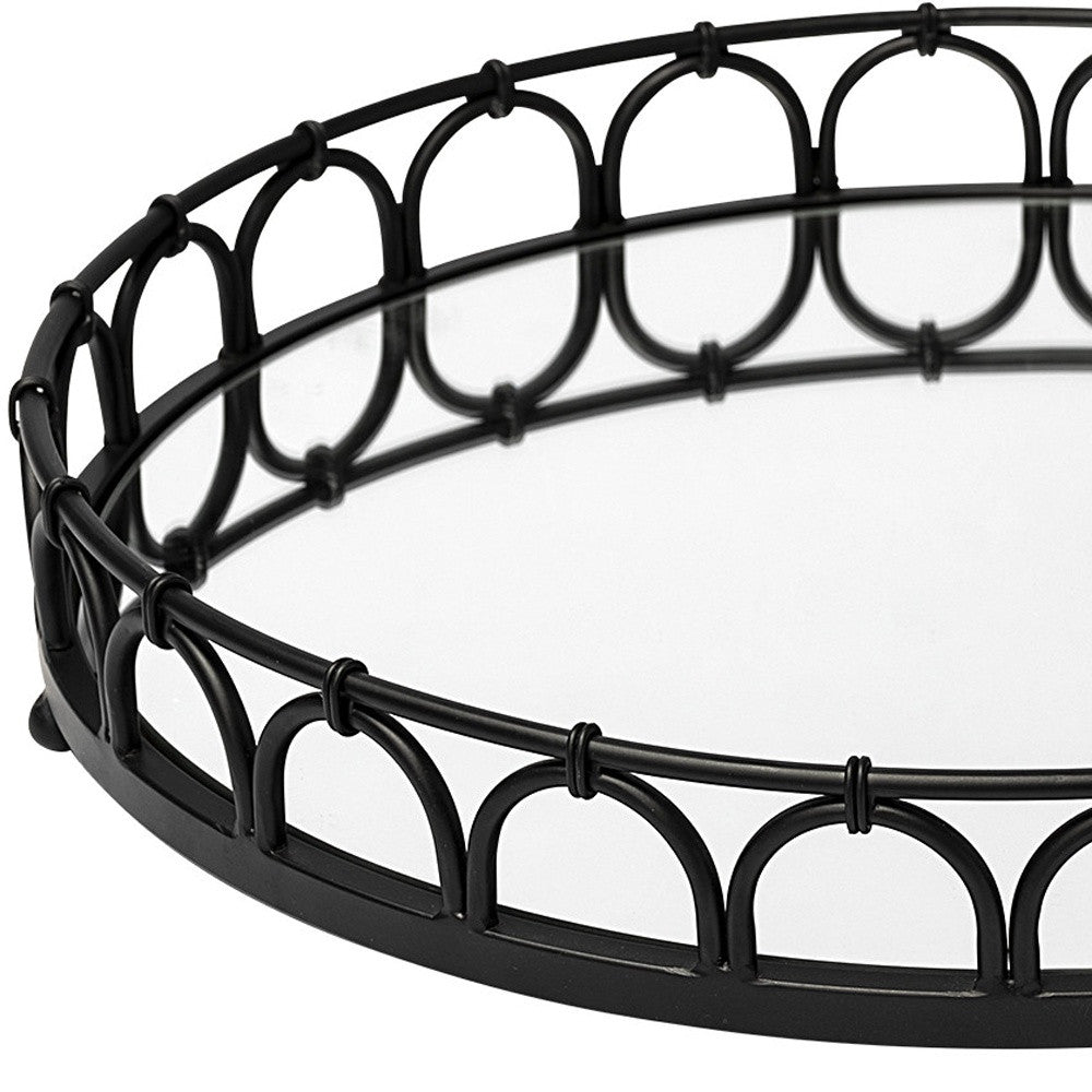 20" Matte Black Metal Half Circles And Mirrored Glass Round Tray