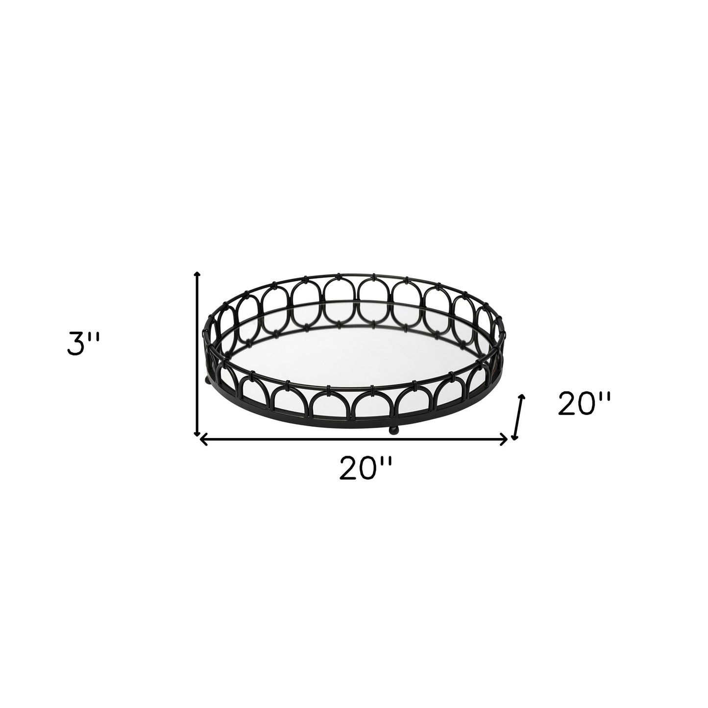 20" Matte Black Metal Half Circles And Mirrored Glass Round Tray