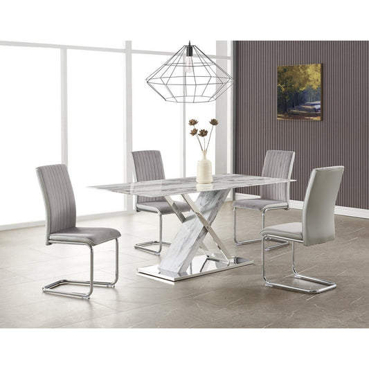 71" White Marble And Silver Rectangular Marble And Stainless Steel Dining Table