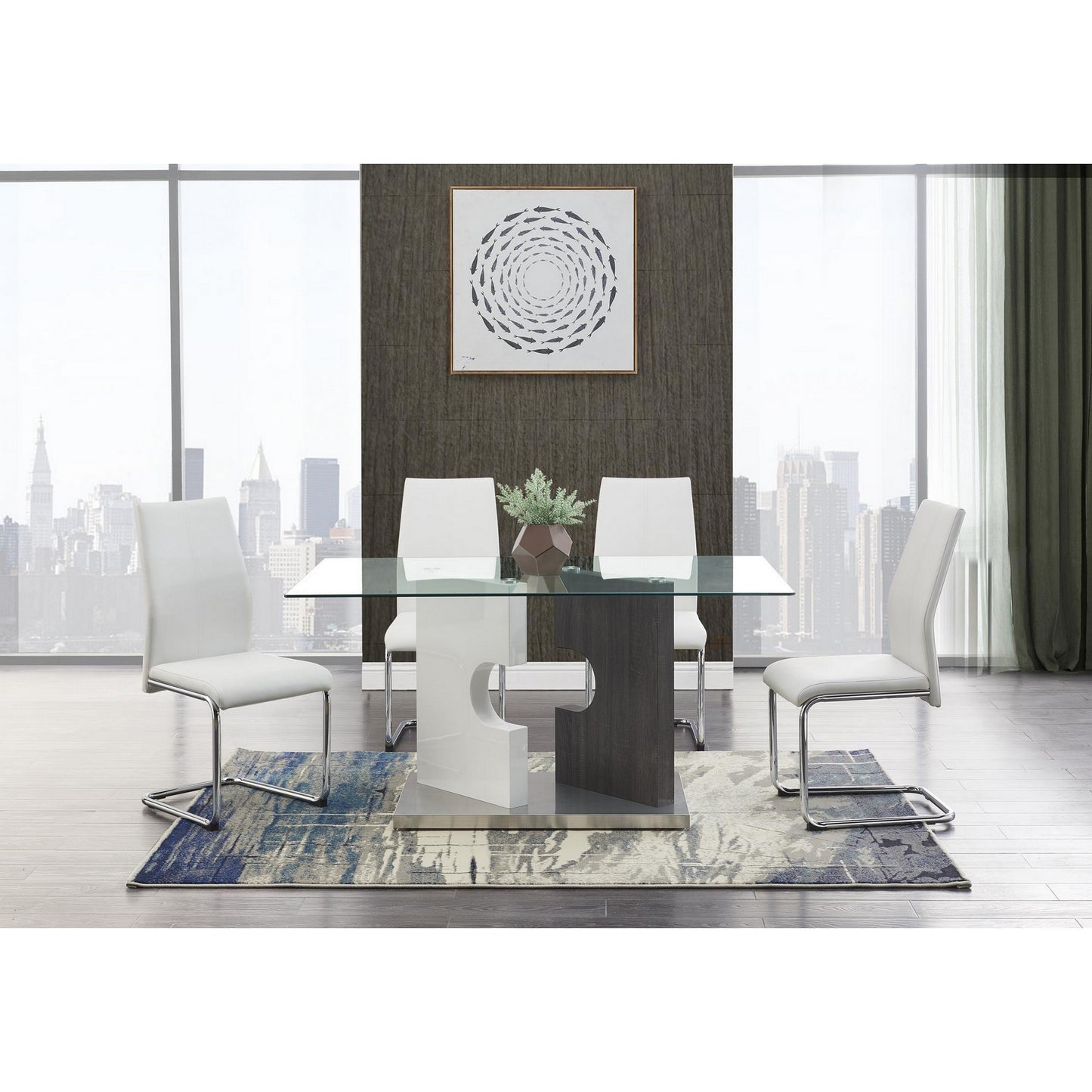 Contemporary Puzzle Gray And White Double Base Glass Dining Table